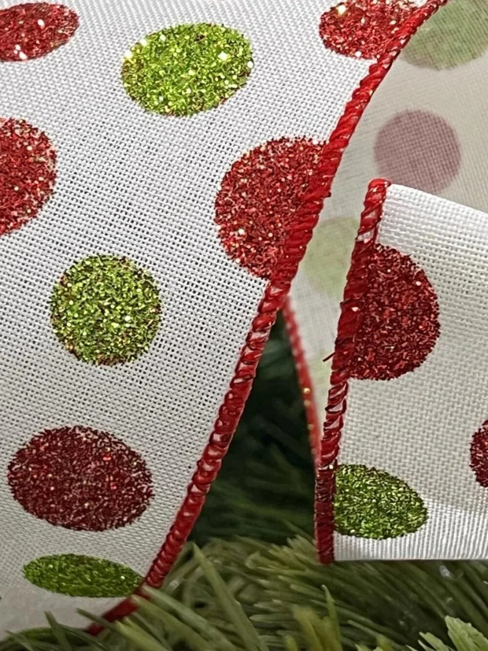 2.5 inch Green and Red Glittered Polka Dots Wired Christmas Ribbon Crafts